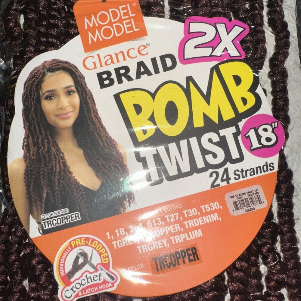 Model Glance 2X Bomb Twist 18" Crochet Braids TRCOPPER prelooped‎ 24 Strands